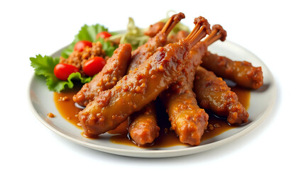 Fototapeta premium Photo of a plate of Bebek Goreng, featuring succulent fried duck, served with spicy sambal and fresh vegetables, on a white background