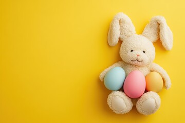 Fototapeta premium Cute stuffed bunny holding colorful Easter eggs against a cheerful yellow background