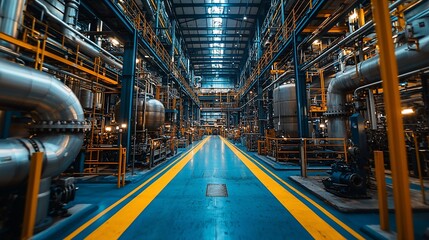Fototapeta premium Industrial plant interior, vast machinery, pipes, and walkways.