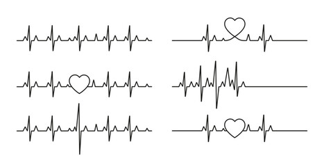 Set of cardiograms. Pulse wave and heartbeat, heartrate. Healthcare and medicine. Monitor signal. Cardiology and medicine. Flat vector collection isolated on white background