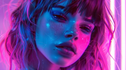 Fototapeta premium Stunning 2D cartoon illustration of an anime girl featuring vaporwave and synthwave styles with vibrant chromosaturation and neon hues perfect for stickers or t shirts in a cyberpunk theme