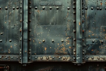  Side view of rust metal wall of railway wagon side part. Detailed photo textured background