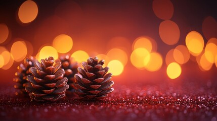 Obraz premium A minimalistic arrangement of festive Christmas ornaments featuring three pine cones against a blurred background of warm bokeh lights
