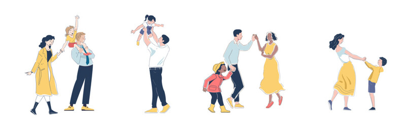 Diverse families celebrate set. Men and women with children. Good family relationships. Positive and optimistic. Parents and children. Linear vector collection isolated on white background