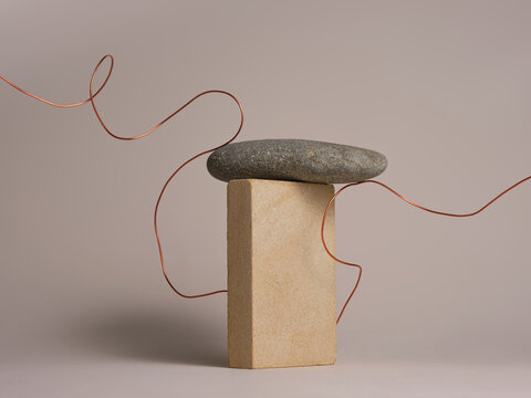 Minimalist Sculpture with Stone, Brick, and Copper Wire Art