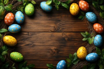 Obraz premium Celebrate Easter with colorful eggs and greenery on a rustic wooden background