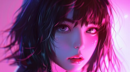 Fototapeta premium Stunning 2D cartoon illustration of an anime girl featuring vaporwave and synthwave styles with vibrant chromosaturation and neon hues perfect for stickers or t shirts in a cyberpunk theme