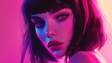 Obraz premium Stunning 2D cartoon illustration of an anime girl featuring vaporwave and synthwave styles with vibrant chromosaturation and neon hues perfect for stickers or t shirts in a cyberpunk theme