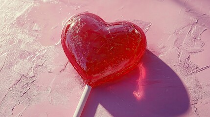 Red heart lollipop on pink textured surface with shadow.