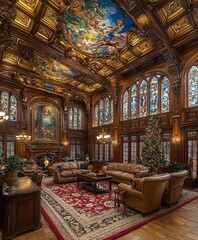 Obraz premium Luxurious ornate wood paneled room with stained glass windows, Christmas tree, and frescoed ceiling.