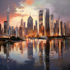 Obraz premium Stunning Twilight Panorama of Modern Cityscape with River Reflection, HD Image