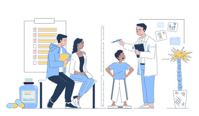 Family doctor concept. Man in medical uniform communicates with man, woman and child. Appointment with pediatrician, consultation with doctor. Healthcare and medicine. Linear vector illustration