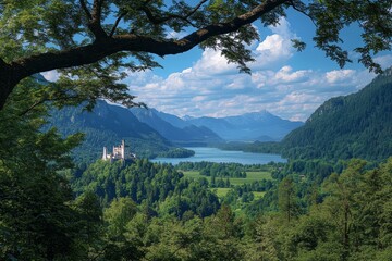 Scenic Summer View of Majestic Castle Overlooking Picturesque Lake and Lush Green Mountains