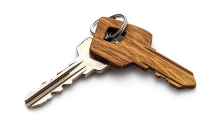 House keys with house shaped keychain, isolated on white background.