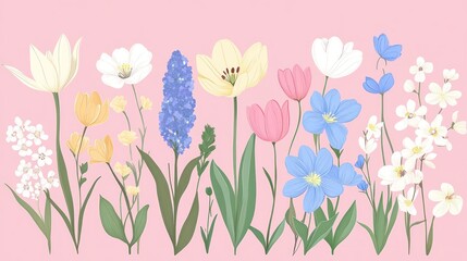Pastel spring flowers illustration, pink background, greeting card design