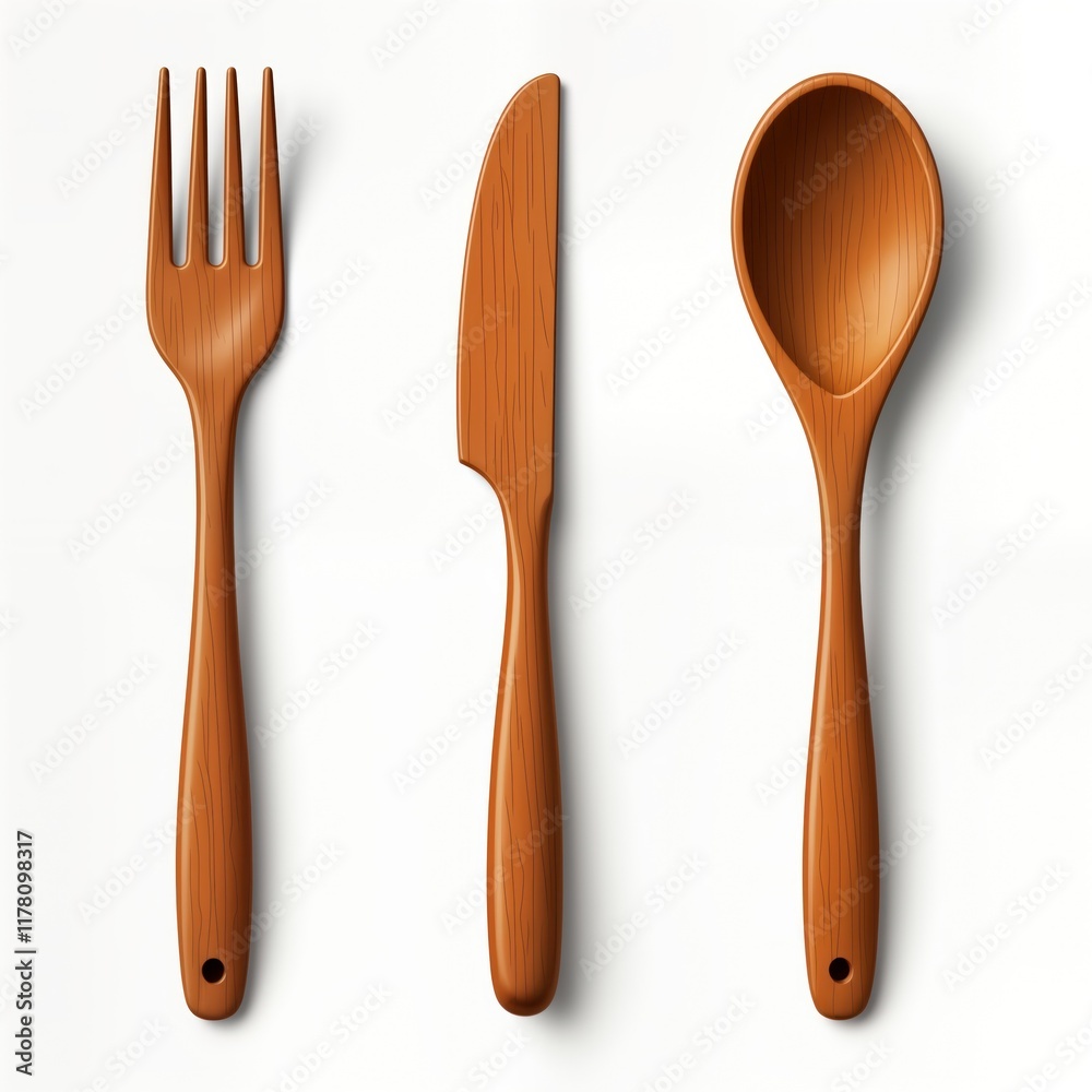 Wall mural Wooden cutlery set displayed on transparent backdrop. Fork knife, wooden spoon isolated showing natural wood texture. Top view classic kitchen utensils for meal preparation. Great for various design