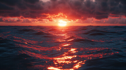 Obraz premium Fiery sunset over dark ocean waves.