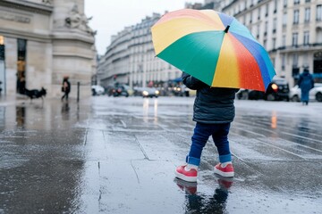 A child holding a colorful umbrella. Generative AI