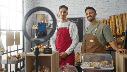 Professional bakers recording a video together in a bakery shop, with shelves of bread and pastries in the background