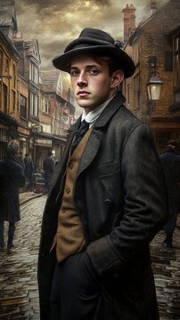 young man dressed in dendy style clothes, english old street background