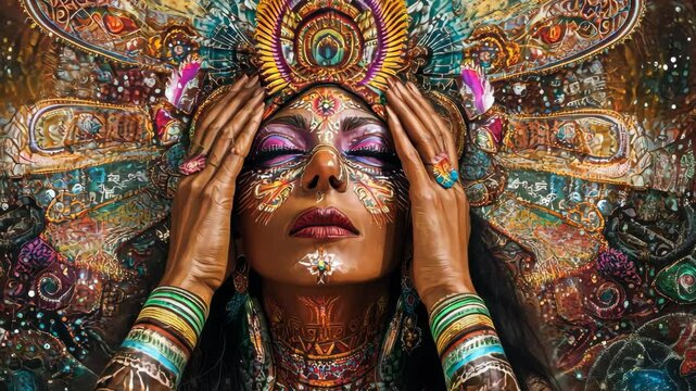 Experience of an earth goddess during an ayahuasca shamanic journey in a vivid hallucinatory state, Earth goddess shaman ayahuasca hallucination, ai generated