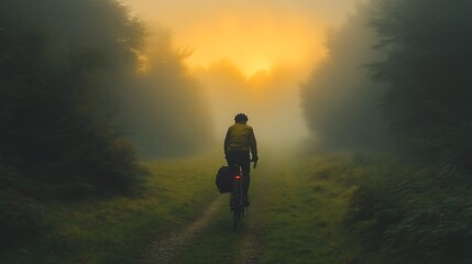 Cyclist Riding Through Foggy Forest Path at Sunrise