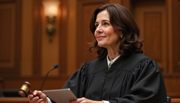 Confident female judge holding gavel in courtroom, empowering justice. International Day of Women Judges