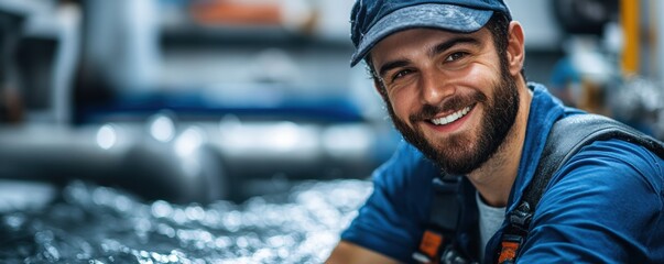 A smiling bearded man in a blue uniform working in an industrial setting with machinery in the background, depicting a positive and focused work environment.