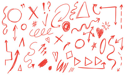 Set of hand drawn arrows vector doodle design elements.Hand drawn sketch red signs