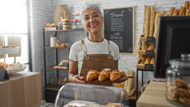 Beautiful grey-haired mature woman smiling in a bakery shop interior displaying fresh croissants with shelves filled with bread in the background