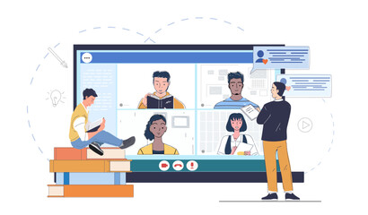 Literature club online. Young girl wearing headset at laptop sits near cardboard boxes. Transportation and logistics, delivery. Import and export. Linear vector illustration