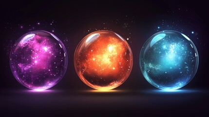 Magic crystal balls for fortune telling and future prediction, glowing glass orbs with plasma and mystical fog inside, isolated fantasy globes for clairvoyant witchcraft, Realistic 3d vector icons