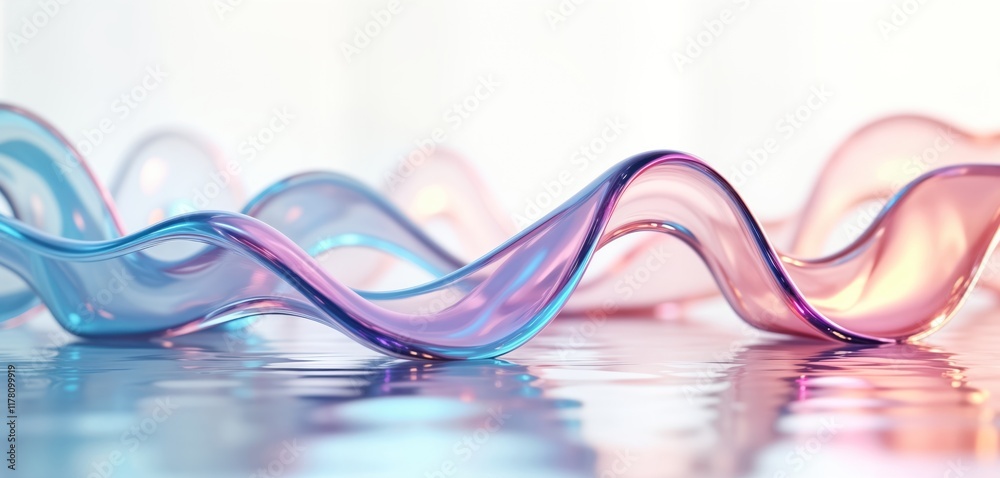 Poster Abstract 3d render shows colorful glass ribbons flowing on water surface. Holographic shapes move in fluid motion creating vibrant iridescent effects. Minimalist design for modern banners,