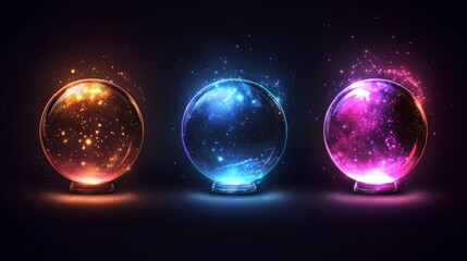 Naklejka premium Magic crystal balls for fortune telling and future prediction, glowing glass orbs with plasma and mystical fog inside, isolated fantasy globes for clairvoyant witchcraft, Realistic 3d vector icons