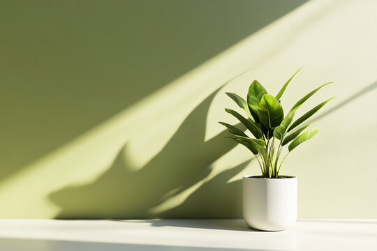 plant in a flowerpot in the hallway, sunlight trough the window, green background