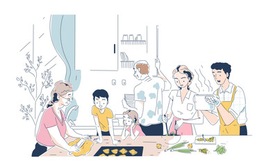 Multigenerational family in kitchen. Happy family, good relations. Grandmother, grandfather, mother, father and sister and brother prepare food. Linear vector illustration