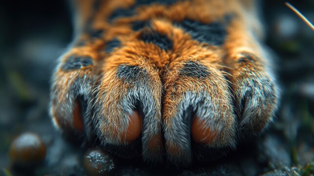Close-up of a Tiger's Paw Displaying Intricate Patterns in Fur and Claws in a Natural Habitat, Highlighting the Beauty of Wildlife and Animal Anatomy