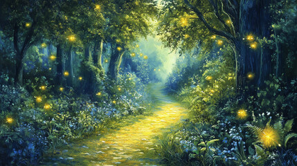 Obraz premium Enchanted forest pathway illuminated by fireflies