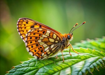 Obraz premium Small Pearl-bordered Fritillary Butterfly (Issoria lathonia) in Low Light, Germany, NRW, Schlangenberg