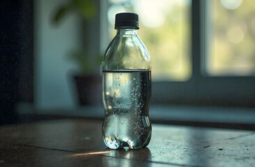 a plastic bottle stands on a table against the background of a window