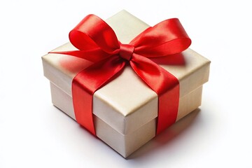 Obraz premium Small Square Gift Box with Red Ribbon, Isolated on White Background - Perfect for Holiday or Birthday Packaging