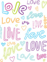 Handwritten Love word with hearts line art, outline icons set, black colors