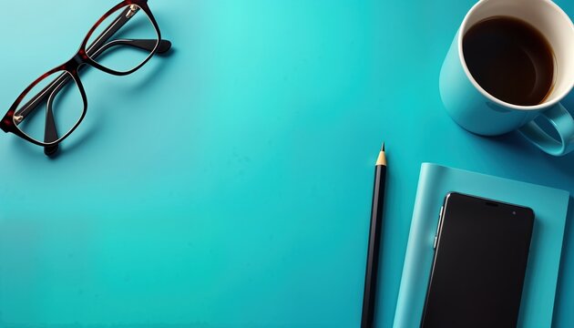 Flat lay of teal blue office desk. Hot beverage in teal mug sits next to notepad, pen. Modern eyeglasses rest on surface beside smartphone. Morning work atmosphere. Business related. Ready for new day