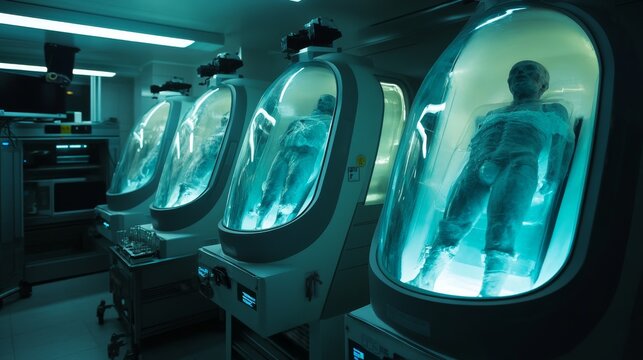 Cryonics capsules, empty and full futuristic containers, glass tubes with cryogenic liquid for hibernation. Scientific technology camera, Sci-fi laboratory equipment, Realistic 3d vector illustration
