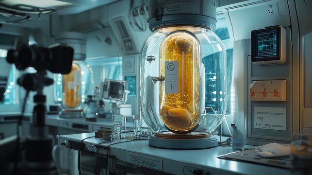 Cryonics capsules, empty and full futuristic containers, glass tubes with cryogenic liquid for hibernation. Scientific technology camera, Sci-fi laboratory equipment, Realistic 3d vector illustration