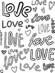 Handwritten Love word with hearts line art, outline icons set, black colors