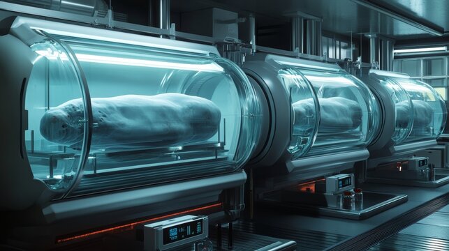 Cryonics capsules, empty and full futuristic containers, glass tubes with cryogenic liquid for hibernation. Scientific technology camera, Sci-fi laboratory equipment, Realistic 3d vector illustration