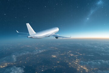 Obraz premium Airplane flying above sky and planet at night. Generative AI