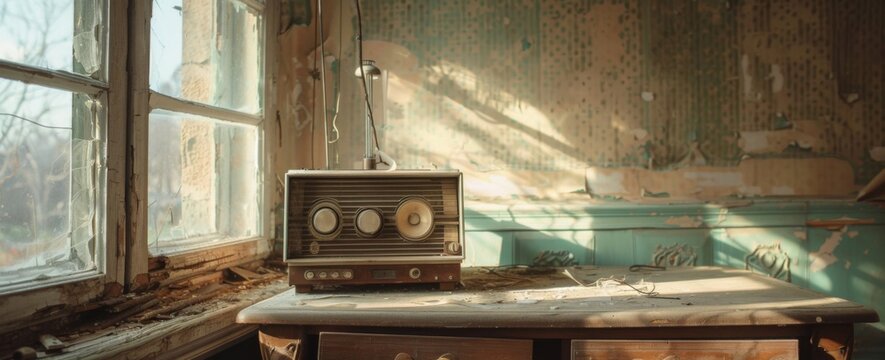 Old retro vintage radio on a aged wooden table illuminated by the sun
