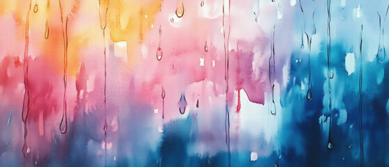 Colorful watercolor background depicting rain on a window with streaks and vibrant hues